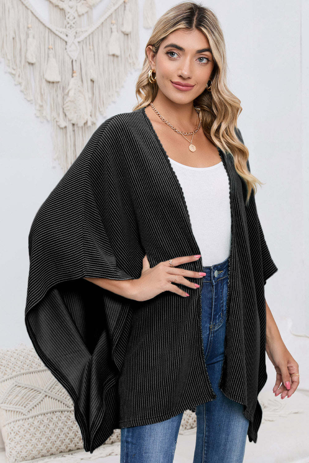 Black Textured Lace Trim Open Front Kimono Cardigan