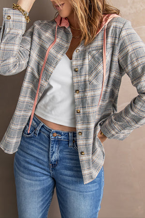 Black Plaid Drawstring Hooded Shacket