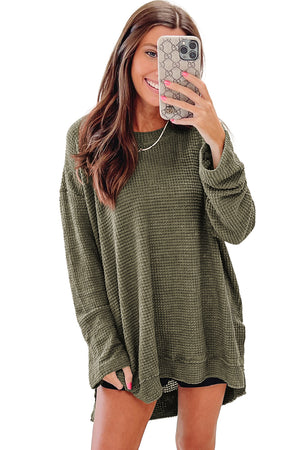 Black Plain Waffle Knit Drop Sleeve Side Slits Oversized Top
