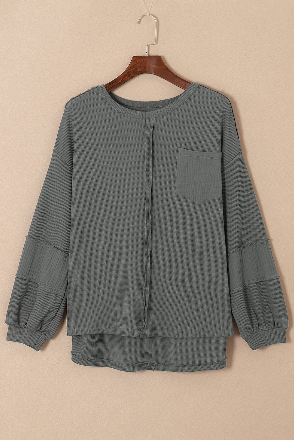 Black Waffle and Crinkle Patchwork Long Sleeve Top