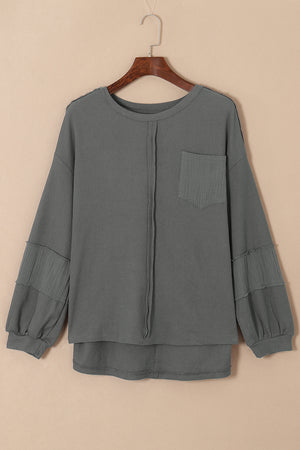 Black Waffle and Crinkle Patchwork Long Sleeve Top