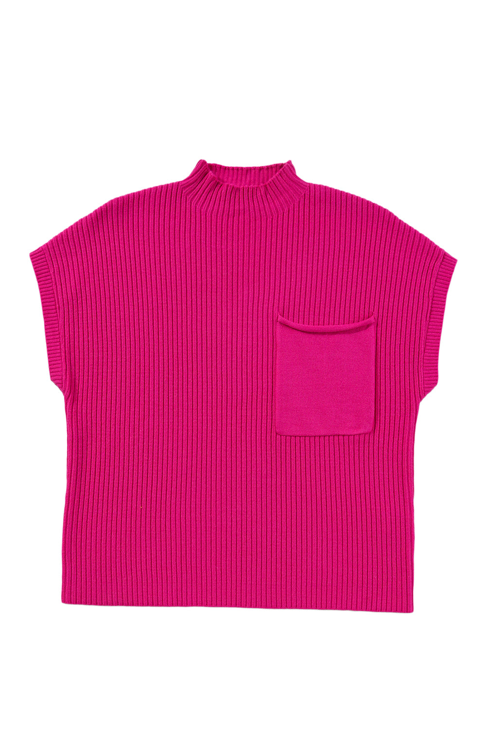 Green Patch Pocket Ribbed Knit Short Sleeve Sweater