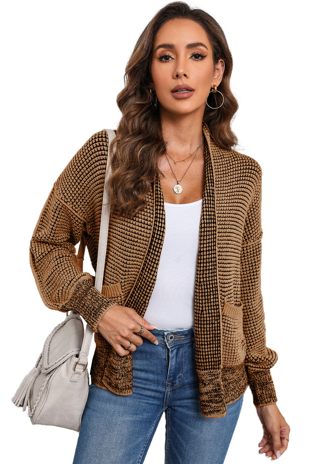Gray Chunky Knit Pockets Drop Sleeve Cardigan