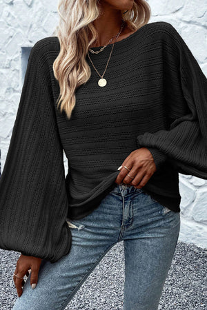 Black Lantern Sleeve Eyelets Knit Sweater