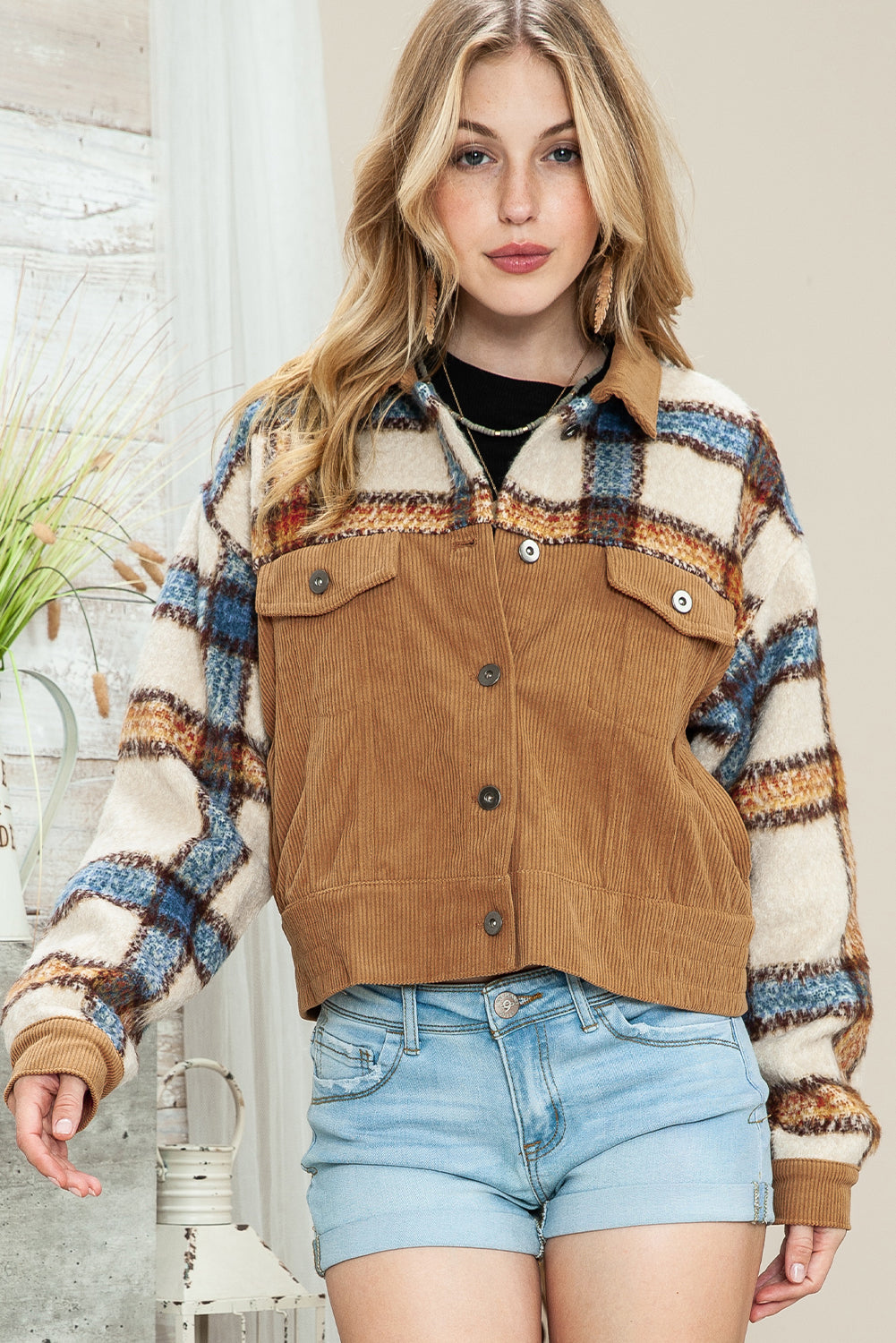Green Plaid Corduroy Flap Pockets Boxy Chunky Jacket