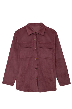 Beige Button Up Patch Pocket Corduroy Shacket