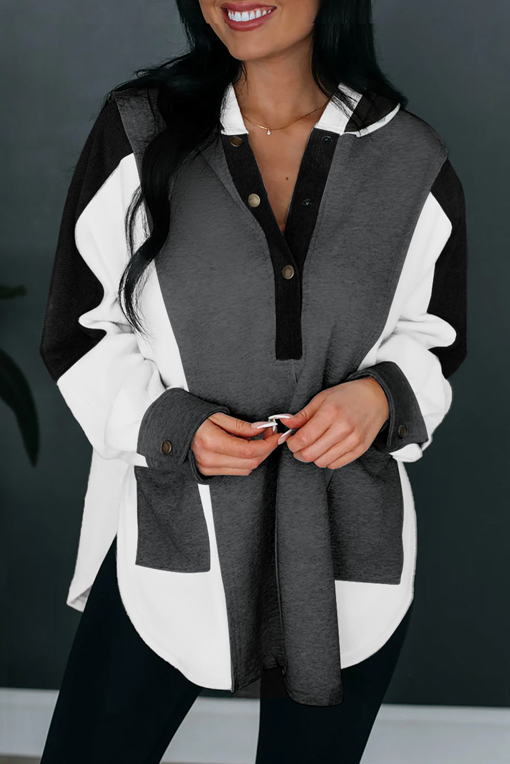 Grey Color Block Snap Button Exposed Seam Pullover Hoodie