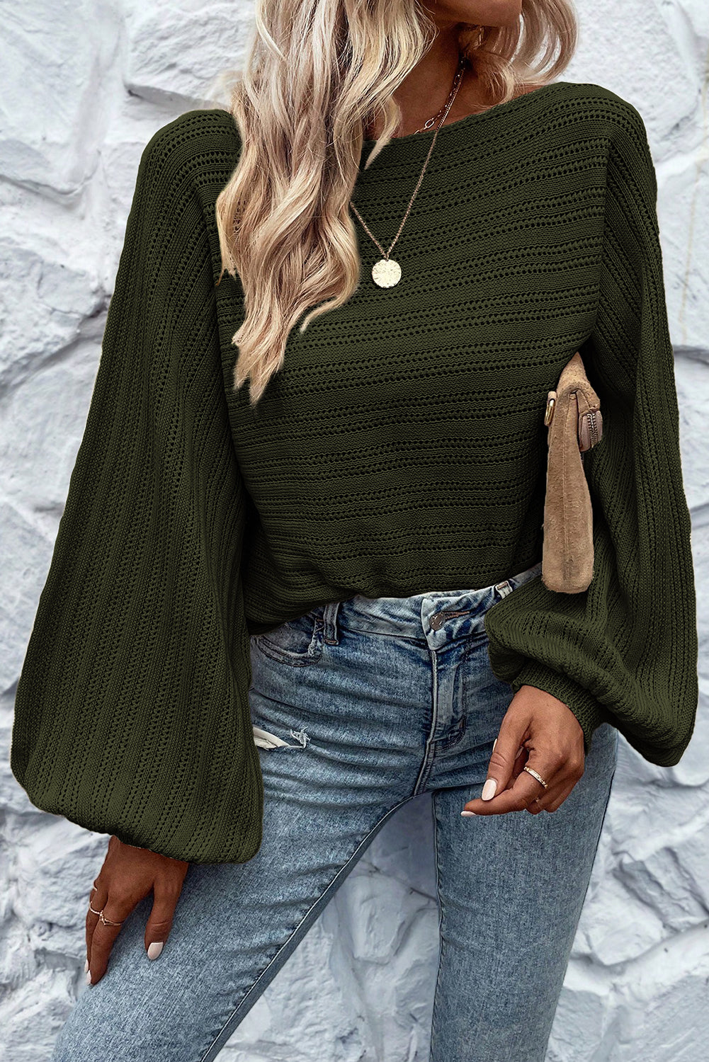 Black Lantern Sleeve Eyelets Knit Sweater