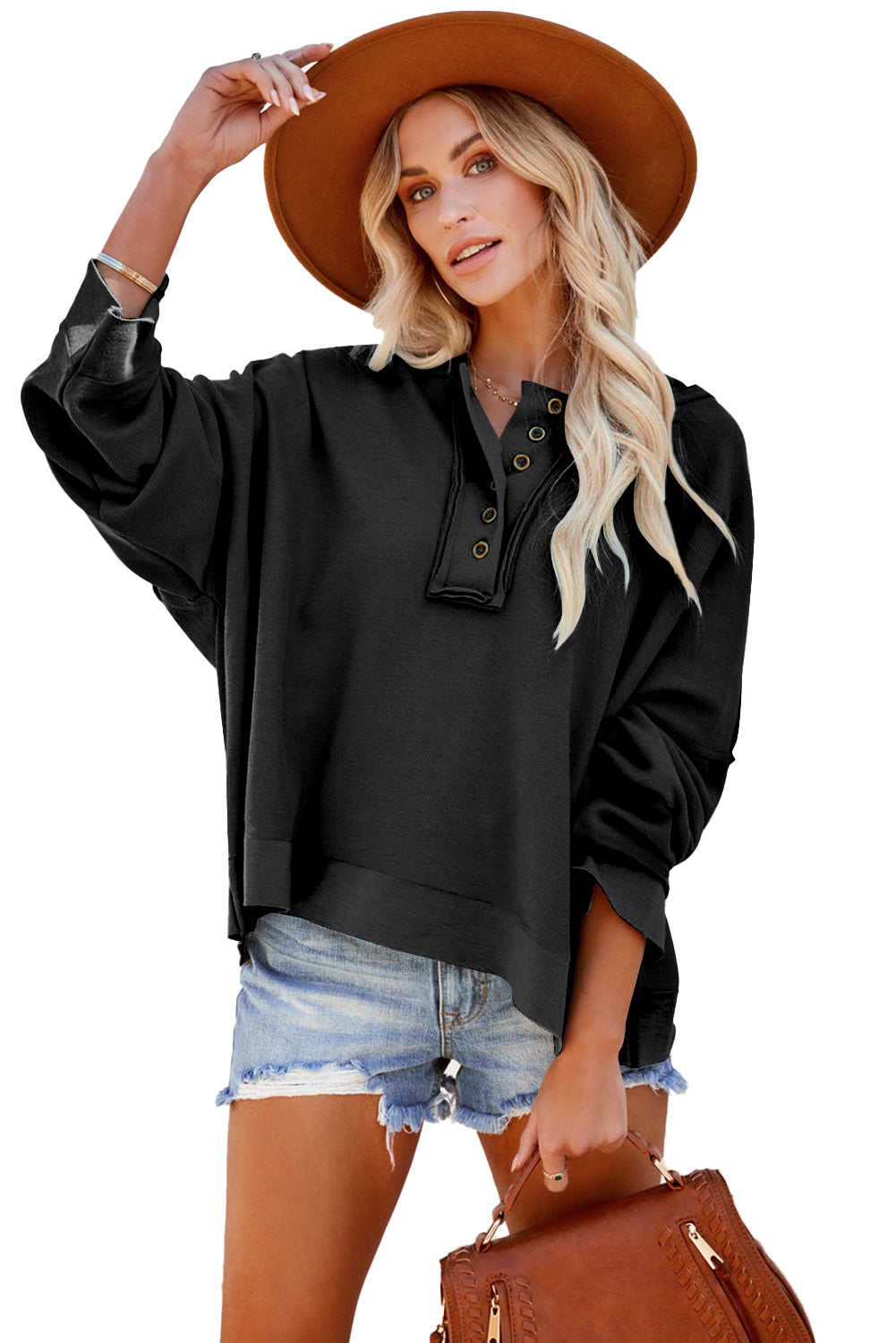 Orange Basic & Casual Button Front Pullover Hoodie