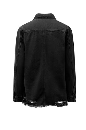 Green Casual Ripped Raw Hem Button Up Denim Shacket