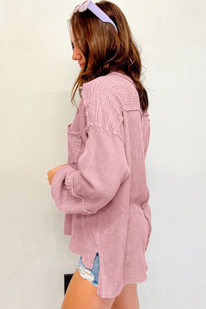 Black Waffle and Crinkle Patchwork Long Sleeve Top