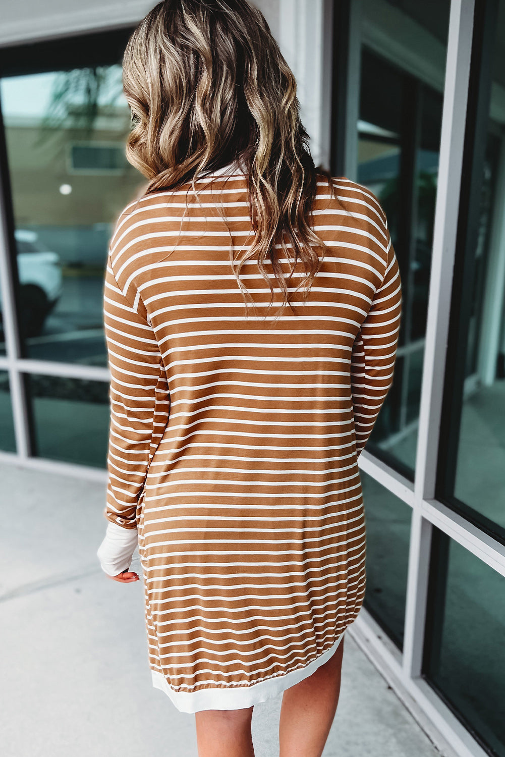 Brown Striped Side Pockets Open Front Long Cardigan