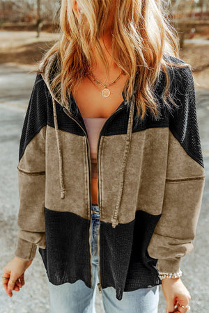 Khaki Dark Washed Patchwork Zip Up Hooded Jacket