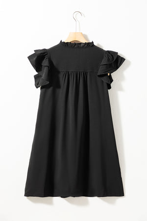 Black Ruffle Sleeve V Neck Frilled Shift Dress