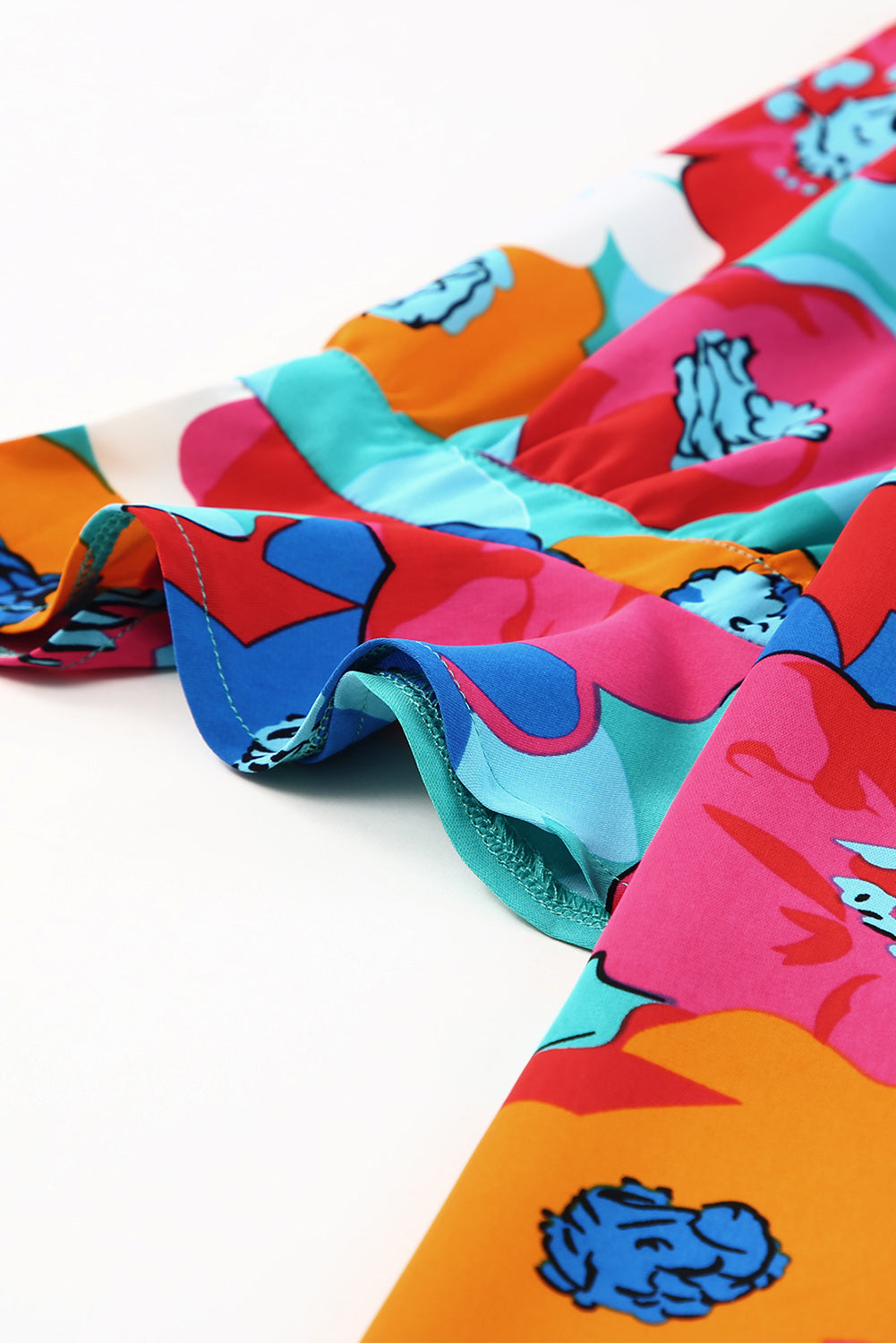 Rose Floral Print Mandarin Collar Short Sleeve Tunic Dress