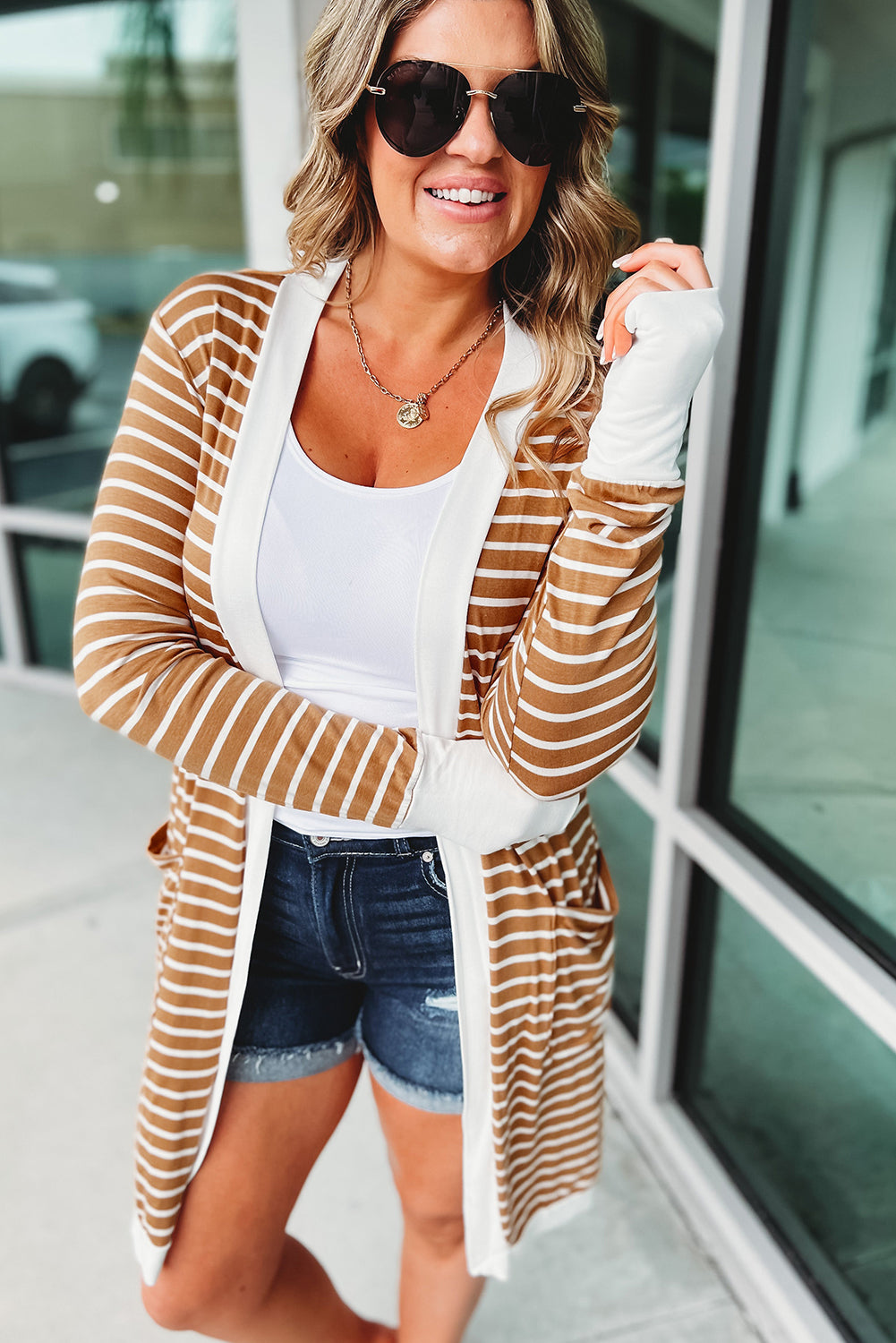 Brown Striped Side Pockets Open Front Long Cardigan