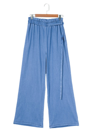 Blue High Waist Pocketed Wide Leg Tencel Jeans