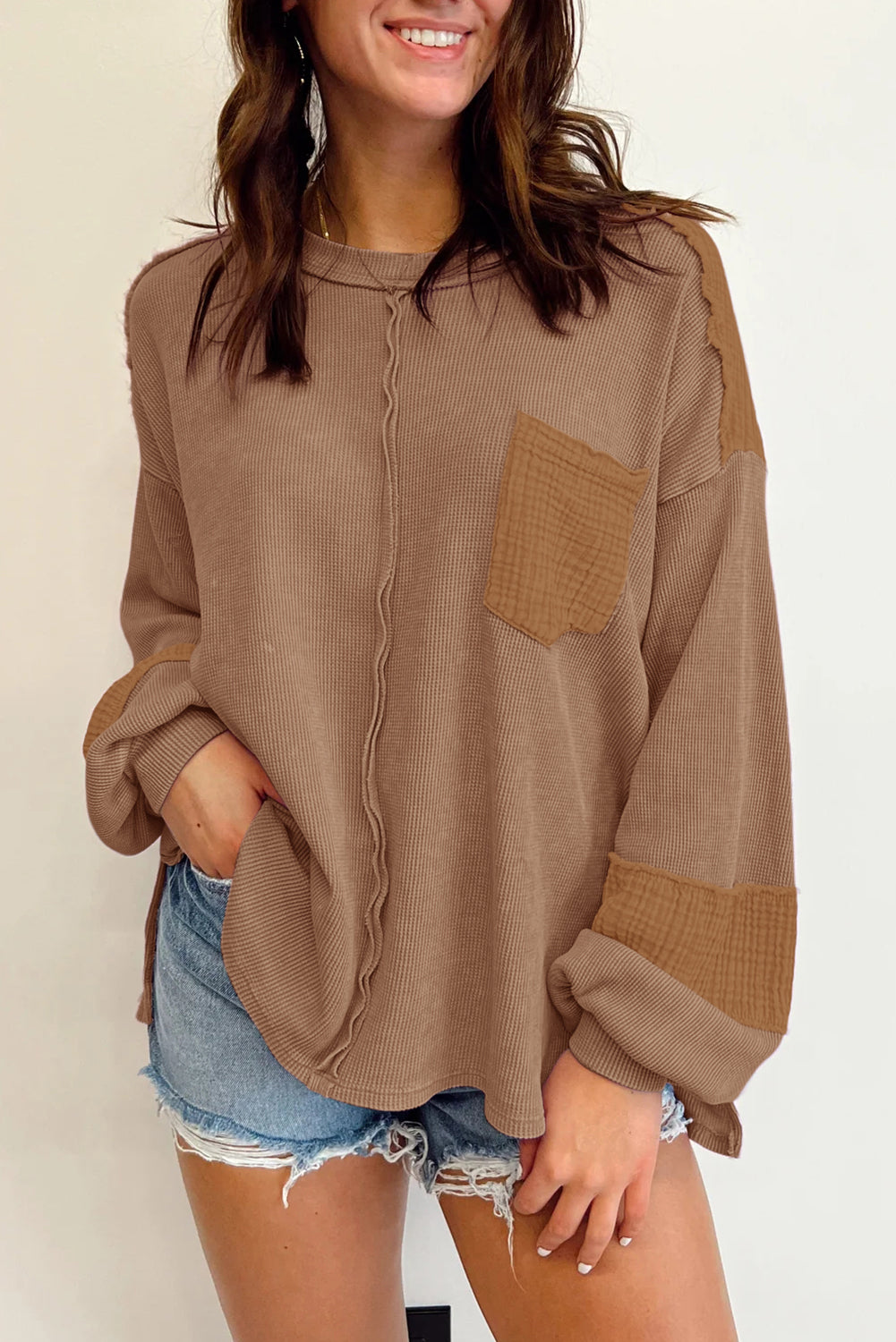 Black Waffle and Crinkle Patchwork Long Sleeve Top