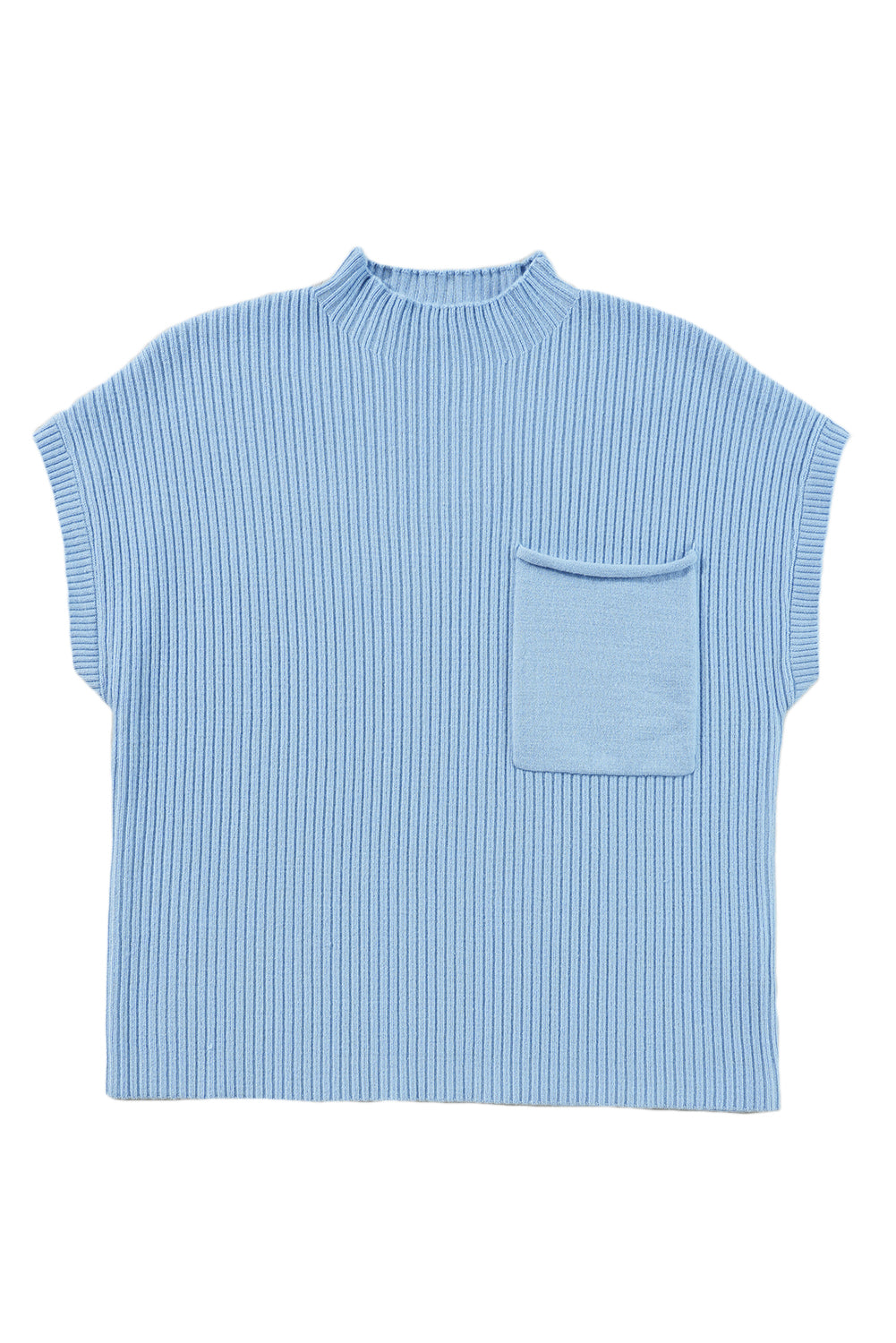 Green Patch Pocket Ribbed Knit Short Sleeve Sweater