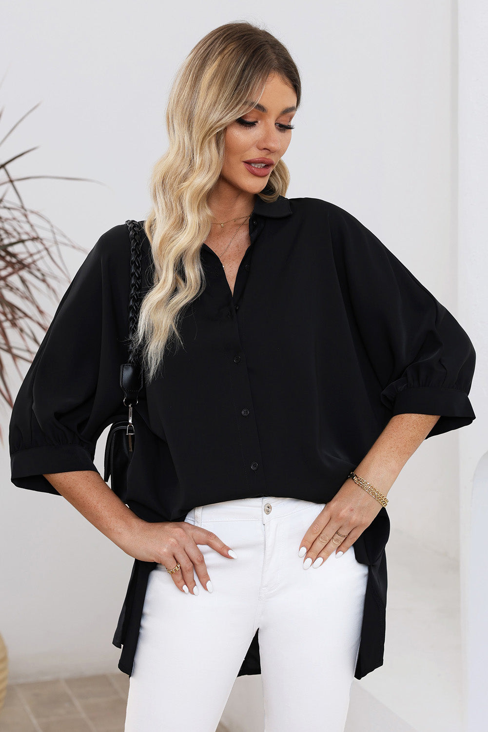 Green 3/4 Batwing Sleeve Oversize Button Up Shirt
