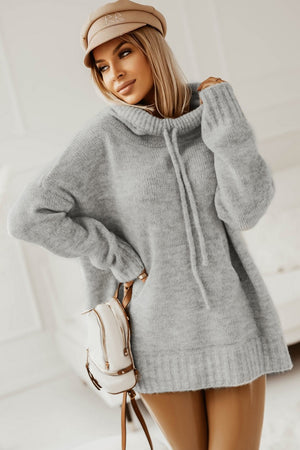 Gray Cowl Neck Drawstring Hooded Pullover Sweater
