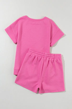 Black 2Pcs Solid Textured Drawstring Shorts Set