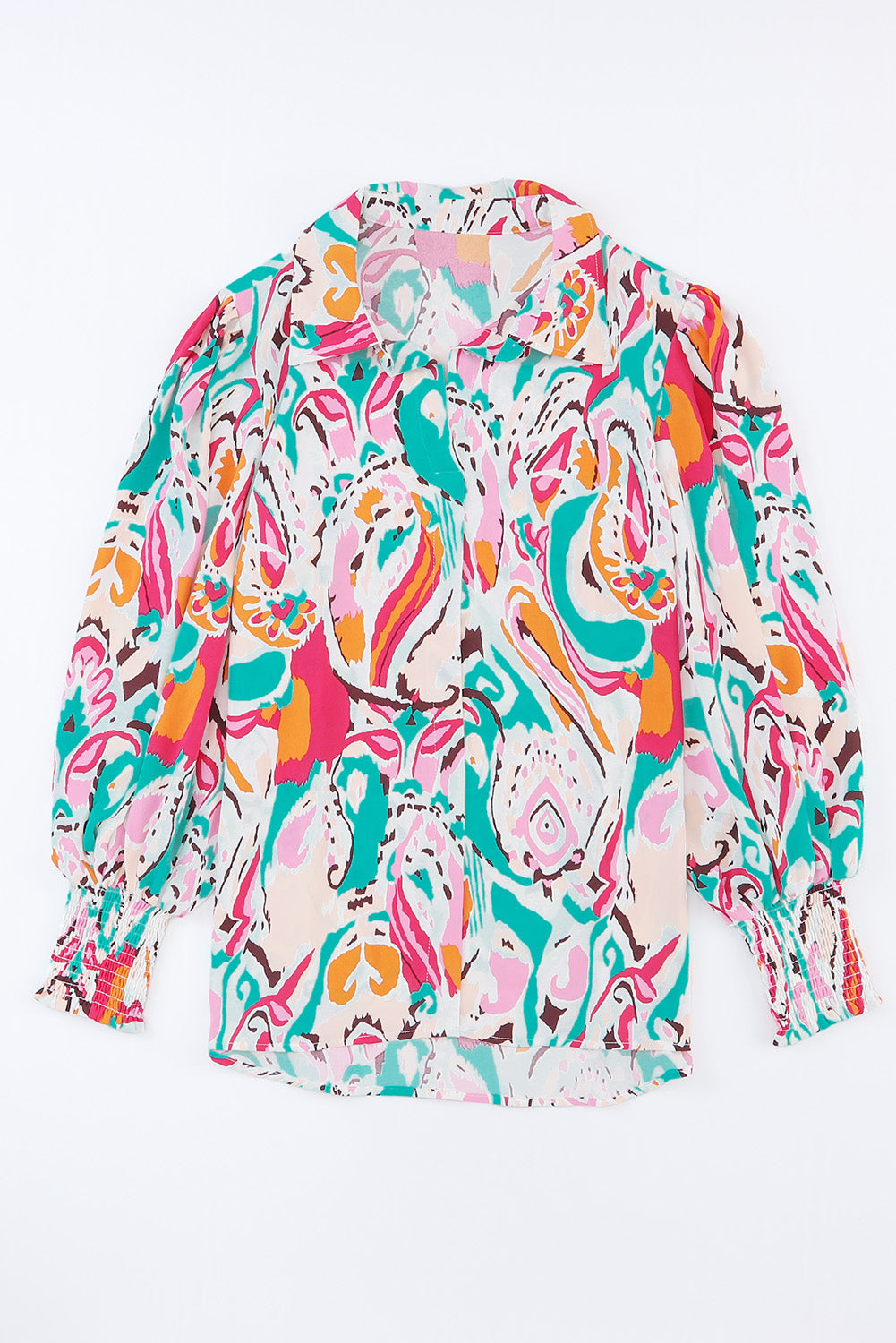 Sky Blue Paisley Print Lantern Sleeve Shirred Cuffs Blouse