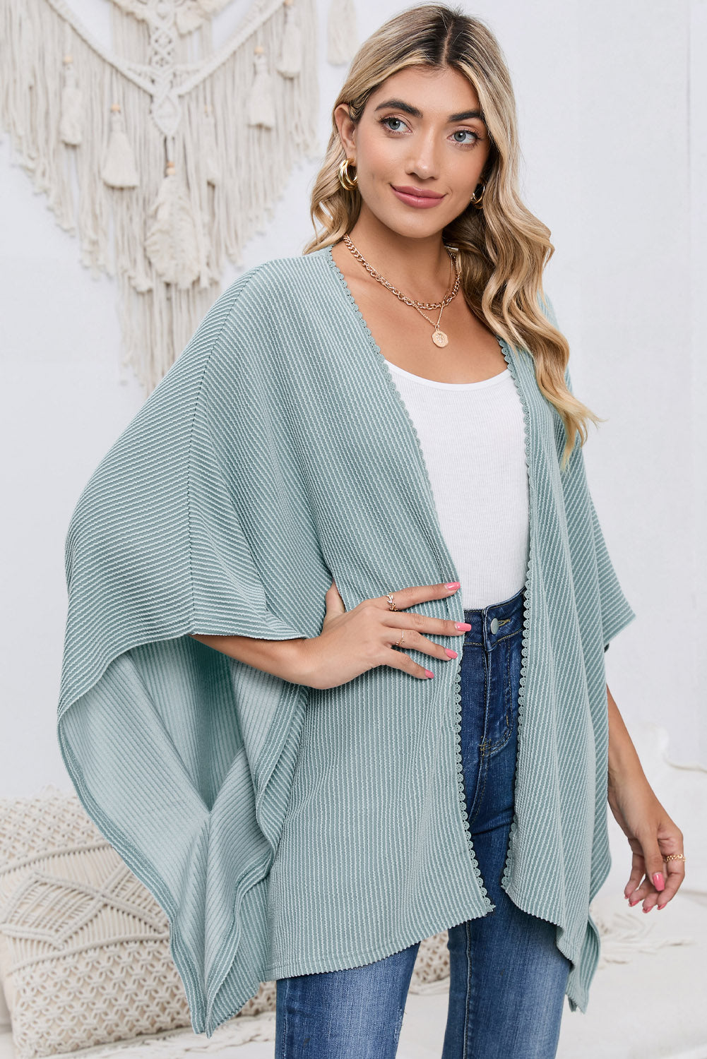 Black Textured Lace Trim Open Front Kimono Cardigan