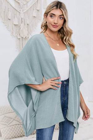 Black Textured Lace Trim Open Front Kimono Cardigan