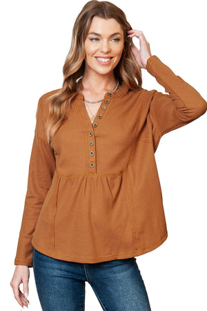 Brown Waffle Knit Casual Button Henley Top