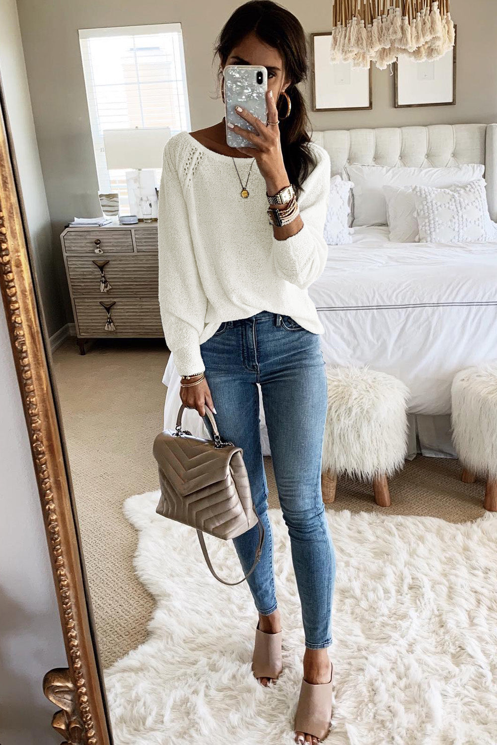 White Plain Raglan Sleeve Casual Pullover Sweater