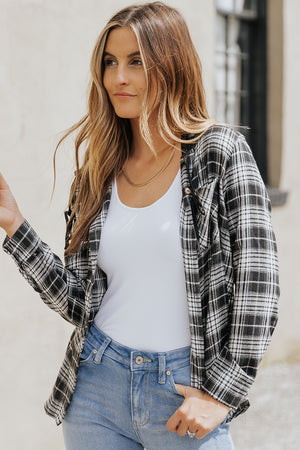 Black Plaid Drawstring Hooded Shacket
