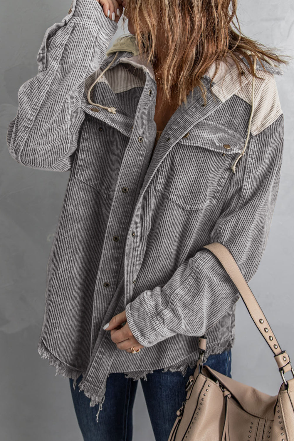 Gray Colorblock Raw Hem Patchwork Hooded Corduroy Jacket
