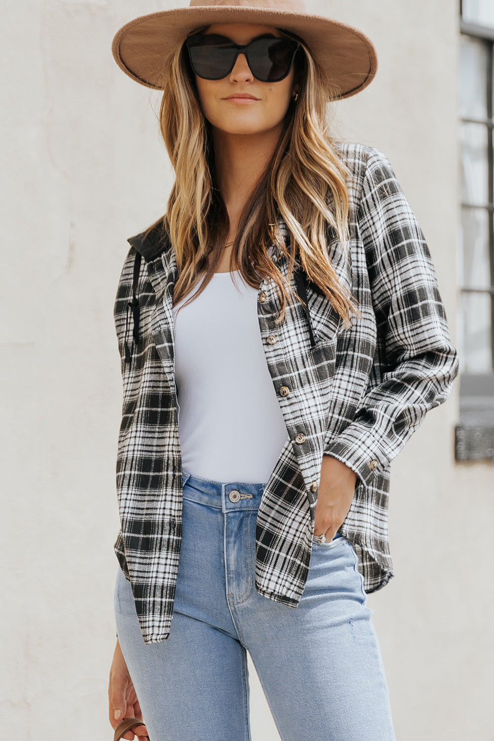 Black Plaid Drawstring Hooded Shacket