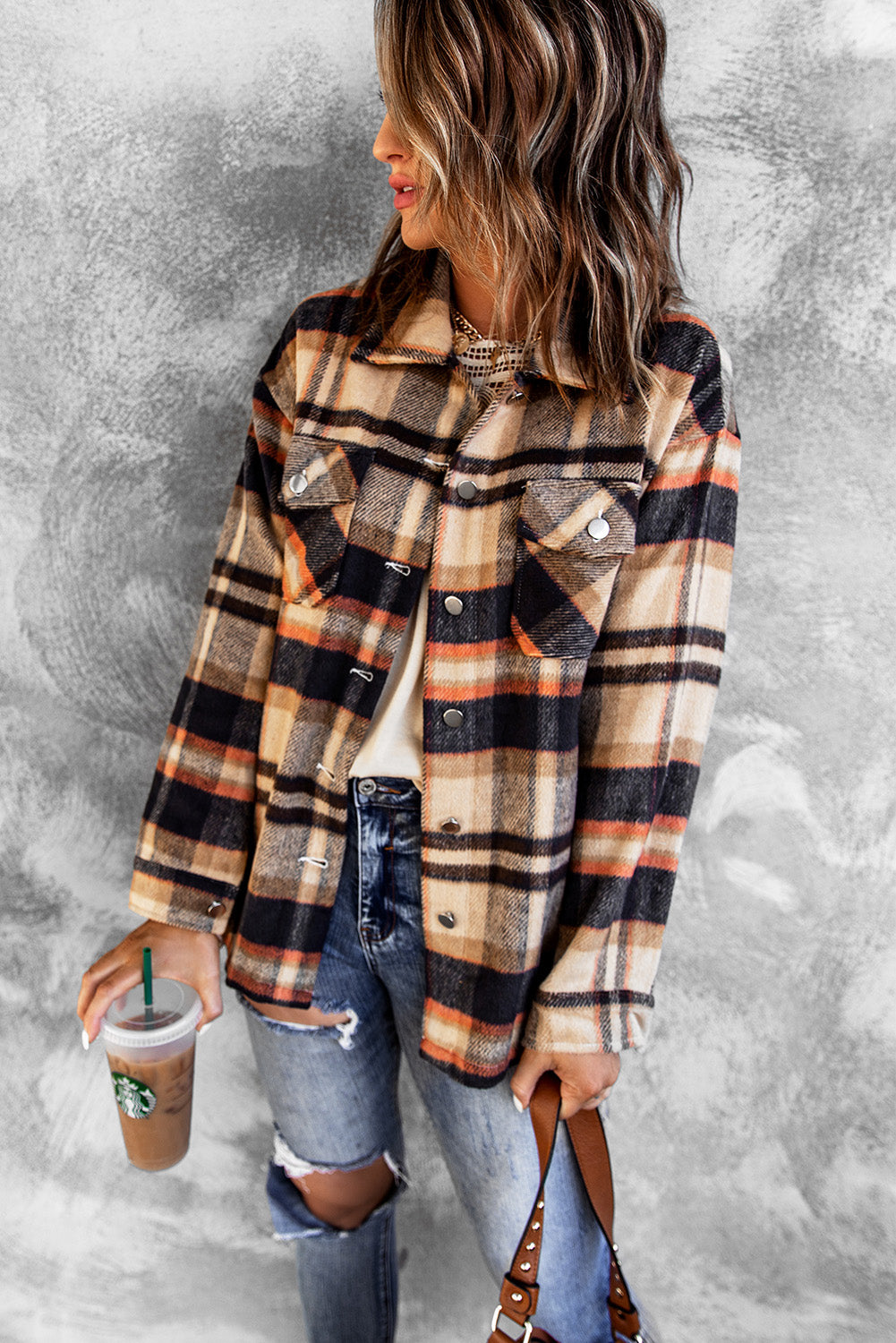 Brown Plaid Button Up Long Sleeve Flannel Jacket