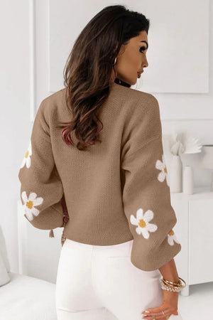 Black Floral Pattern Drop Shoulder Knit Sweater