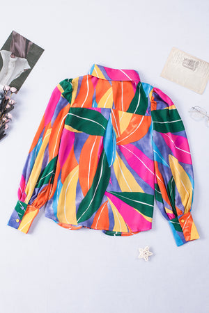 Multicolor Swirl Color Block Print Lantern Sleeve Shirt