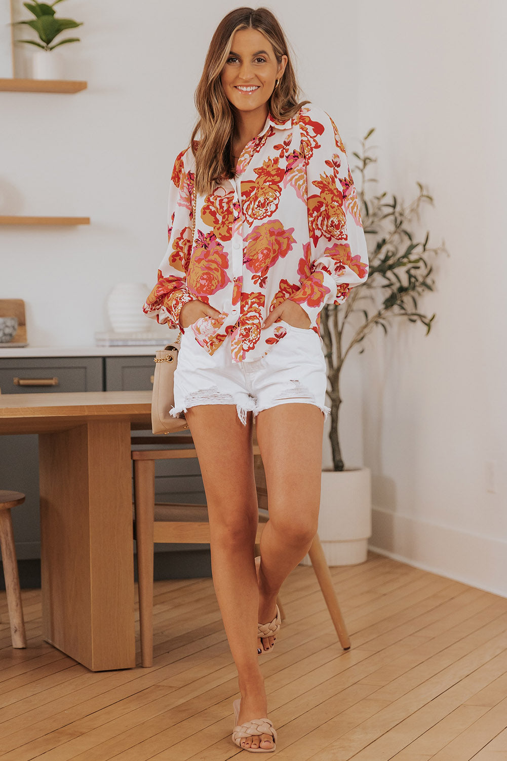 Multicolor Swirl Color Block Print Lantern Sleeve Shirt