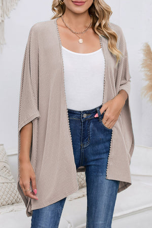 Black Textured Lace Trim Open Front Kimono Cardigan