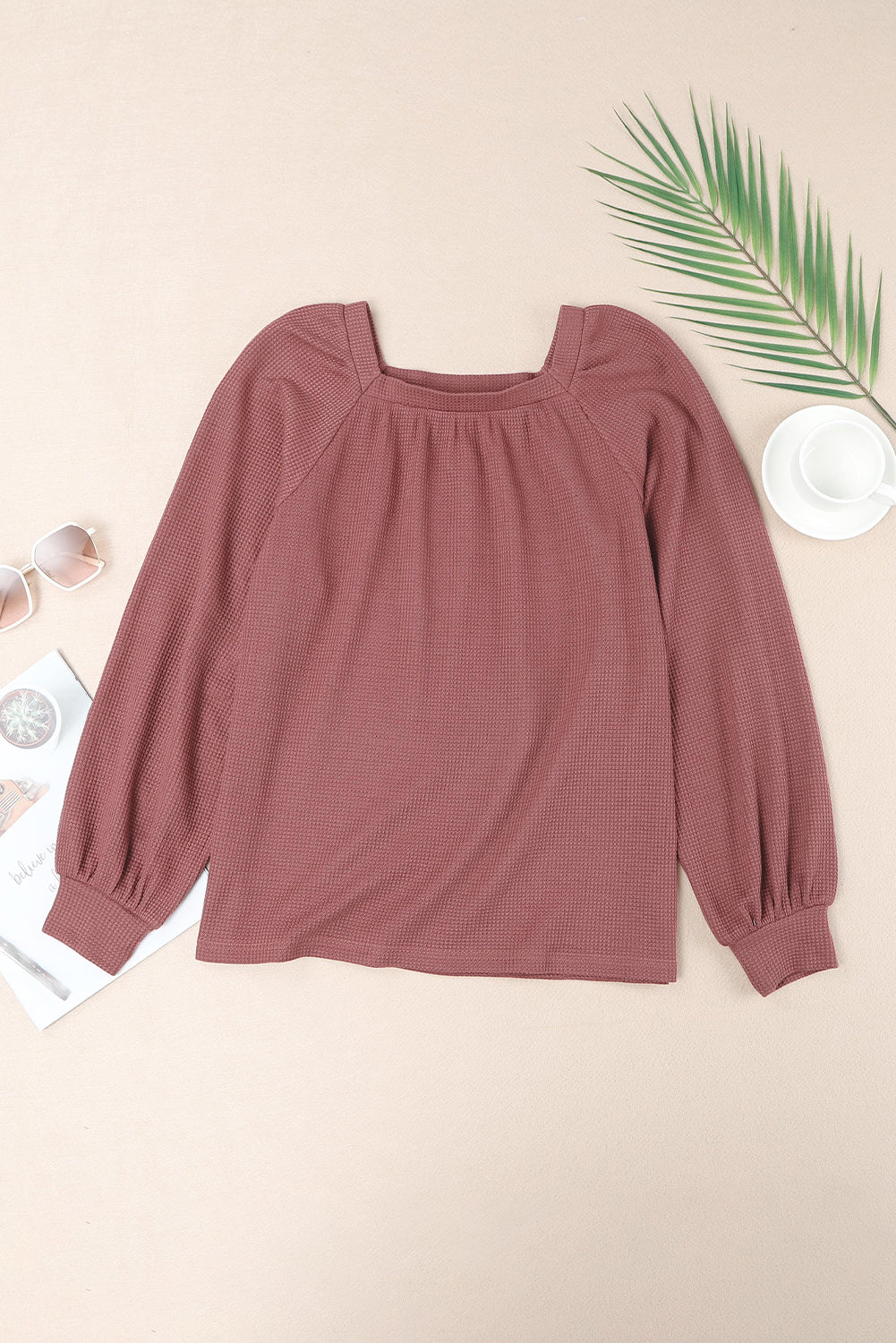 Pink Waffle Texture Casual Square Neck Pullover Top