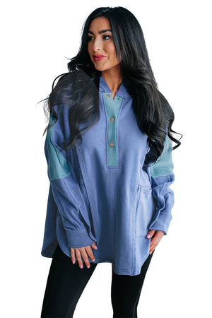 Grey Color Block Snap Button Exposed Seam Pullover Hoodie