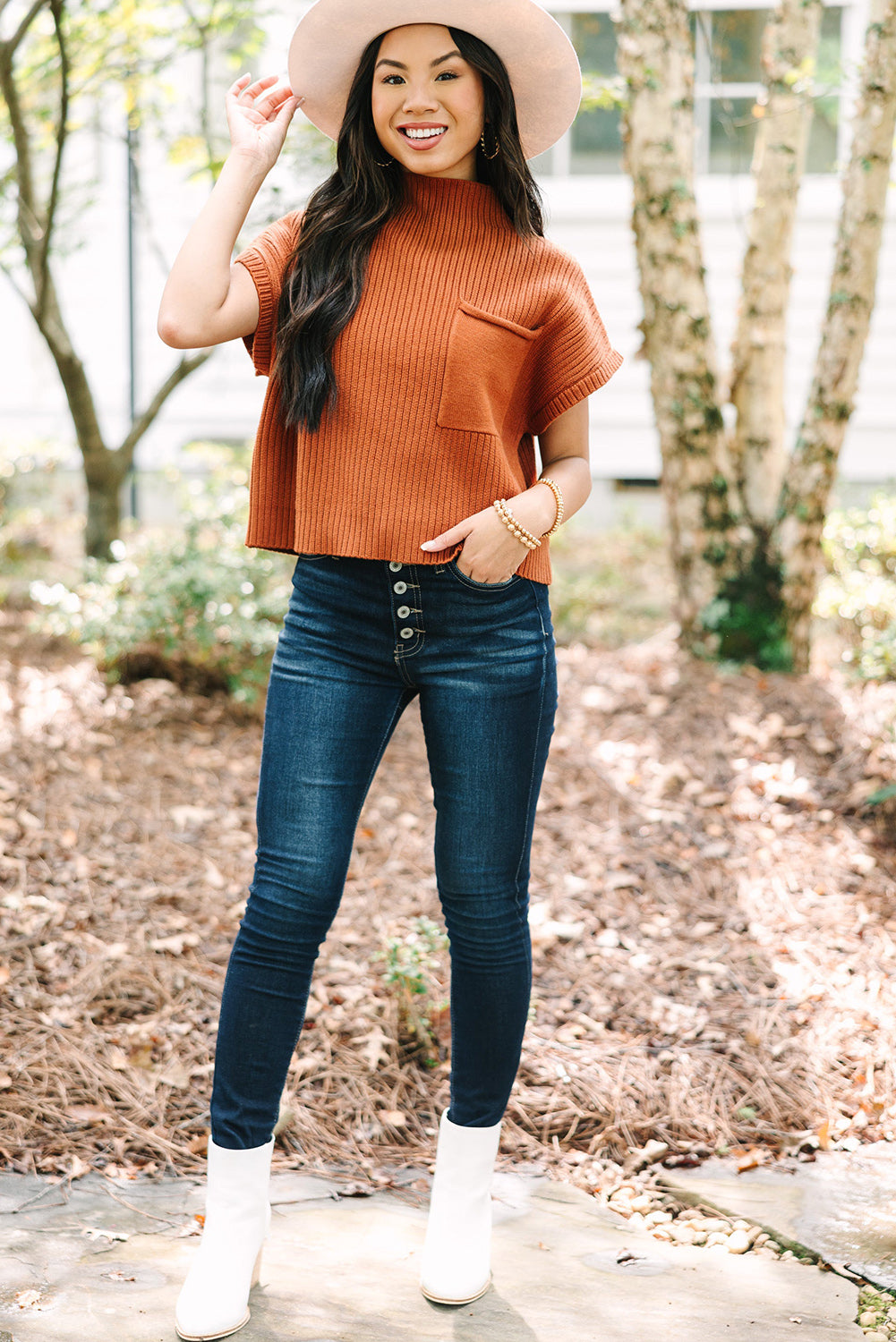 Green Patch Pocket Ribbed Knit Short Sleeve Sweater