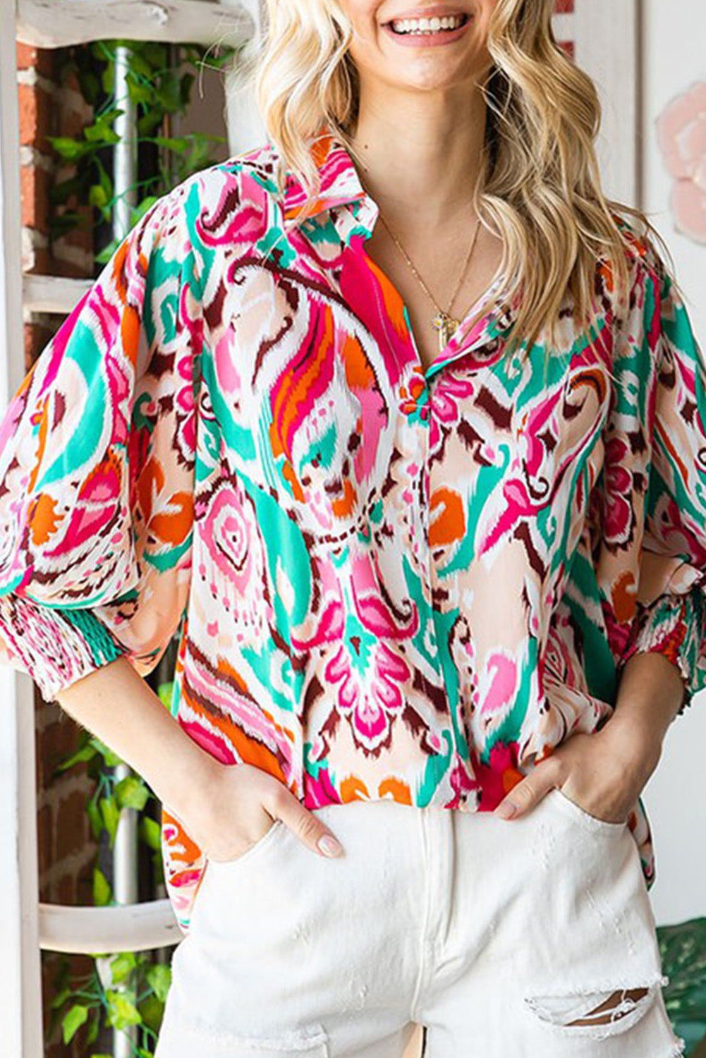 Sky Blue Paisley Print Lantern Sleeve Shirred Cuffs Blouse