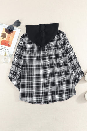 Black Plaid Drawstring Hooded Shacket