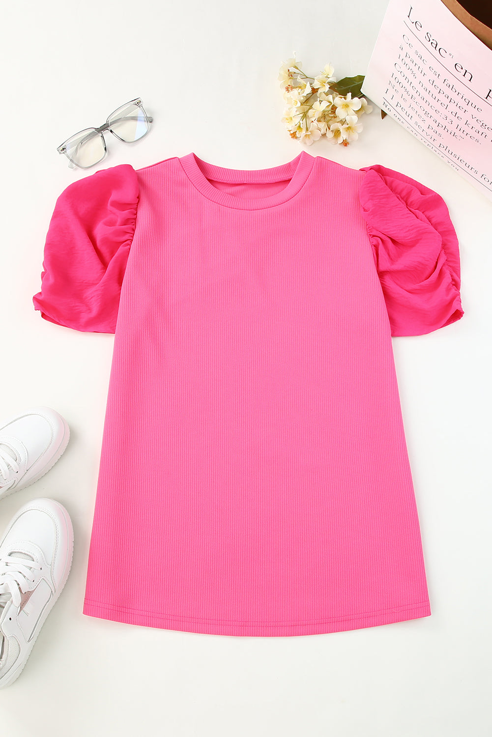 Black Ribbed Crew Neck Elegant Puff Sleeve Top