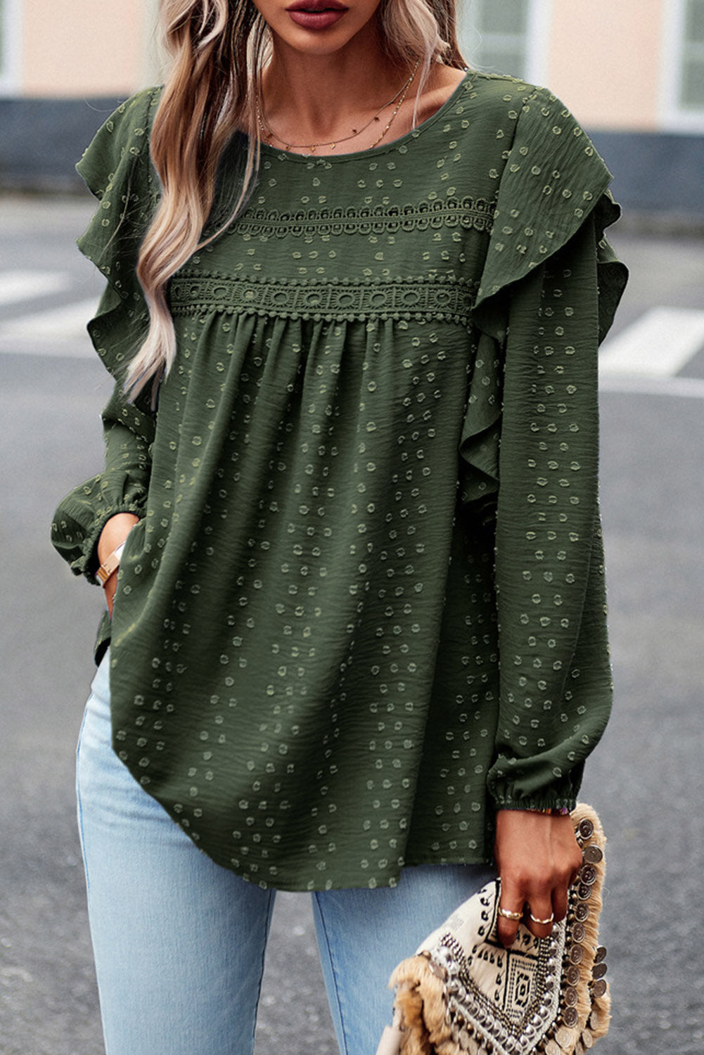 Blackish Green Swiss Dot Ruffle Shoulder Long Sleeve Blouse