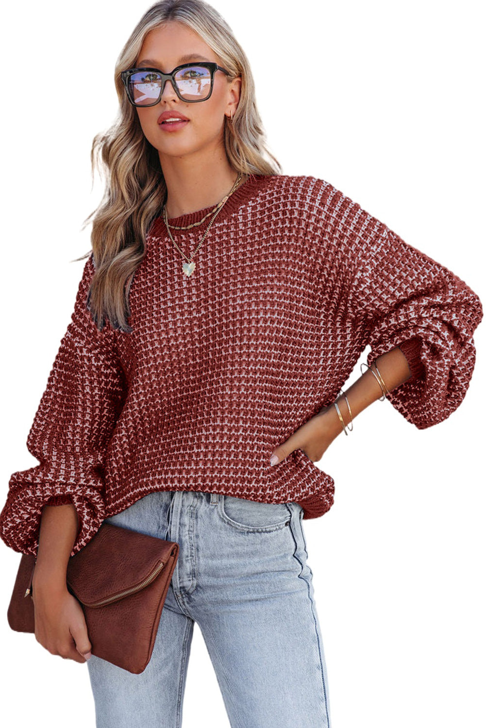 Green Heathered Knit Drop Shoulder Lantern Sleeve Sweater