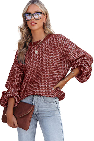 Green Heathered Knit Drop Shoulder Lantern Sleeve Sweater
