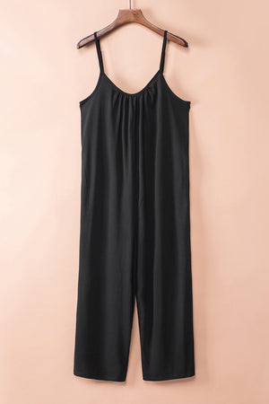 Black Spaghetti Straps Wide Leg Pocketed Jumpsuits