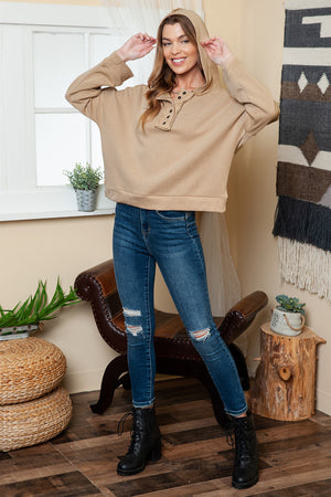 Orange Basic & Casual Button Front Pullover Hoodie